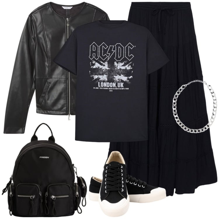 Outfit donna - Total black. Stile Rock per Serata fuori. Abbinamento con gonne lunghe, collane, t-shirt, blazer, zaini, sneakers.