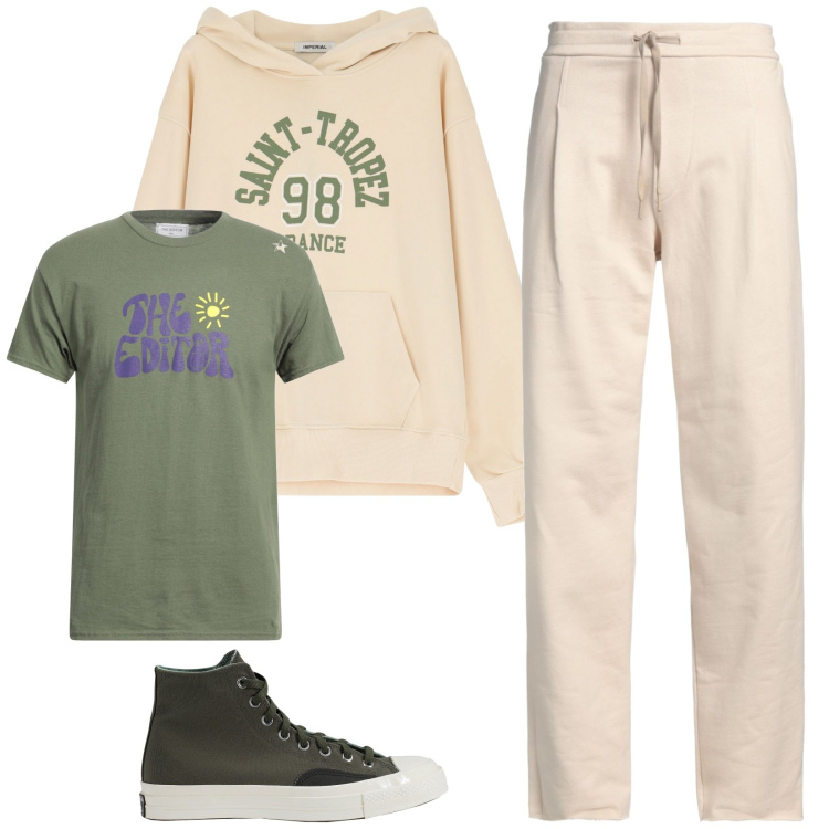 Outfit uomo - Total look #2169583. Stile Casual per Tutti i giorni. Abbinamento con sneakers alte, pantaloni, t-shirt, felpe con cappuccio.