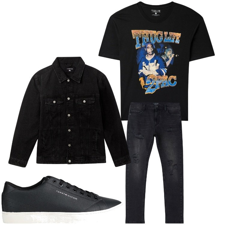 Outfit uomo - Rock band. Stile Casual per Tutti i giorni. Abbinamento con sneakers, jeans strappati, giacche, t-shirt.