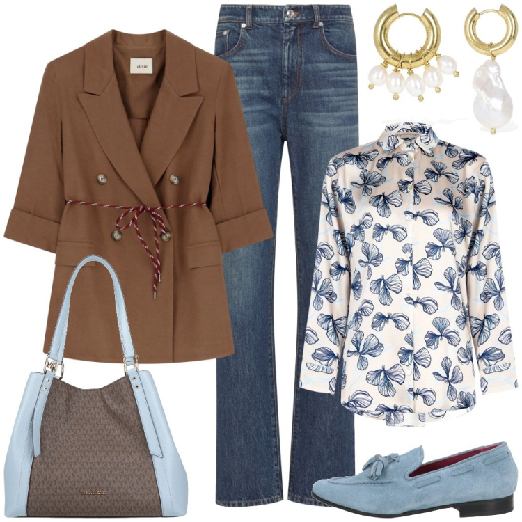 Outfit donna - Sofisticata in ufficio. Stile Casual chic per Ufficio. Abbinamento con mocassini, borse a mano, blazer, camicie, jeans dritti, orecchini.