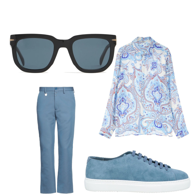 Outfit uomo - Fantasia. Stile Casual per Tutti i giorni. Abbinamento con pantaloni chino, sneakers, camicie, occhiali da sole.