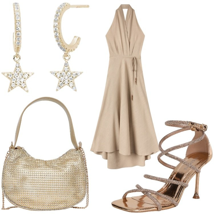 Outfit donna - La prima stella della sera. Stile Chic per Serata fuori. Abbinamento con sandali col tacco, vestiti lunghi, borse a spalla, orecchini.