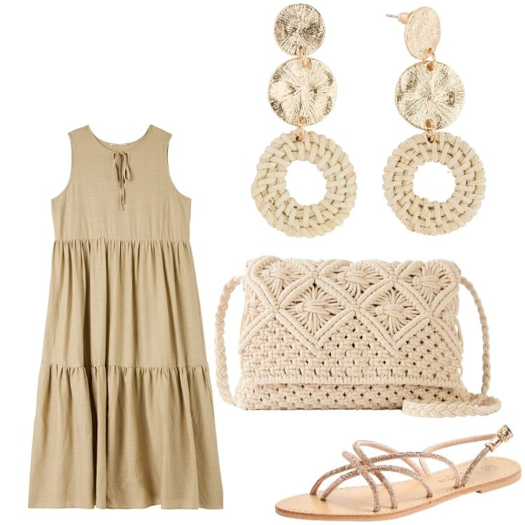 Outfit donna - Tricot. Stile Boho per Serata fuori. Abbinamento con orecchini, borse a tracolla, vestiti senza maniche, sandali.