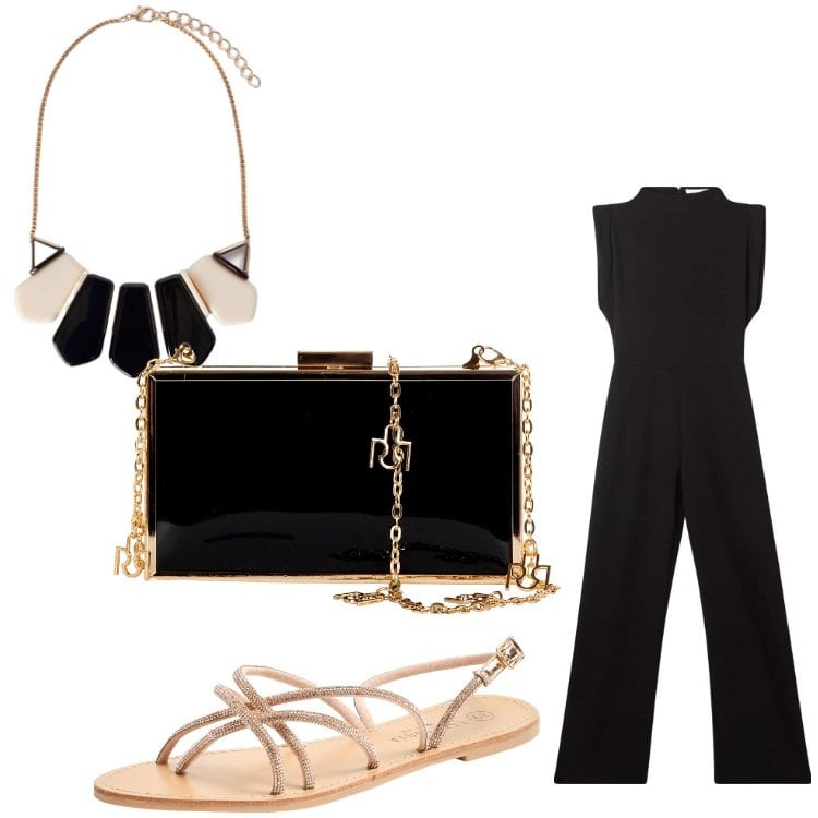 Outfit donna - Gold. Stile Casual chic per Serata fuori. Abbinamento con tute, sandali, pochette, collane.