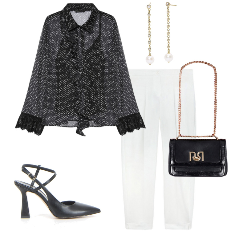 Outfit donna - Cerimonia black and White. Stile Chic per Cerimonia. Abbinamento con orecchini, borse a tracolla, camicie, pantaloni, sandali col tacco.