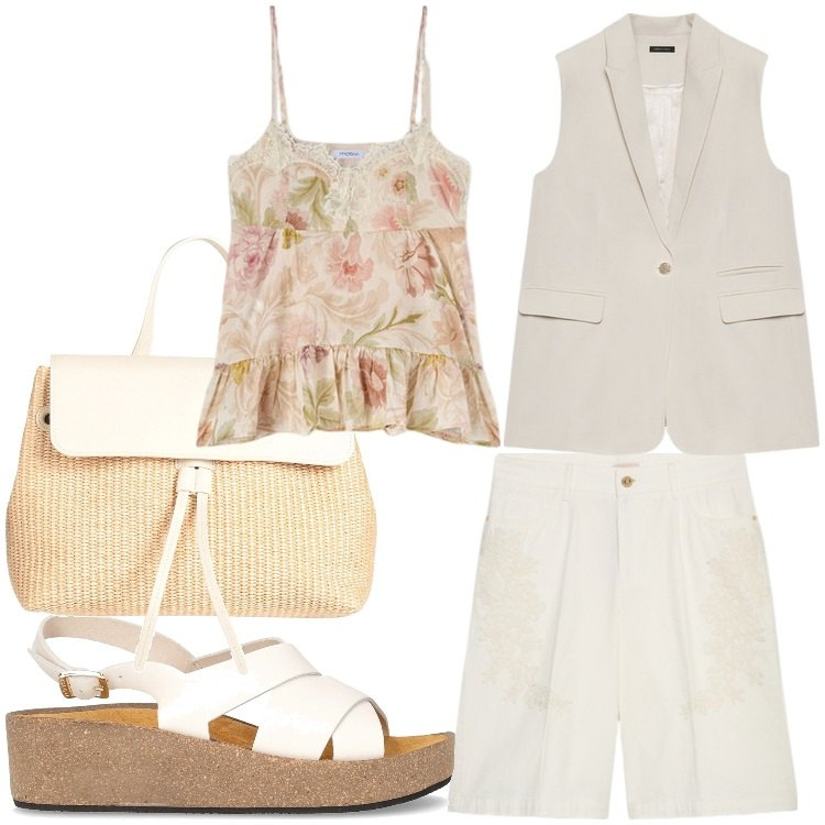 Outfit donna - Passeggiata al mare. Stile Boho per Tutti i giorni. Abbinamento con borse a mano, gilet, sandali, bermuda, top.
