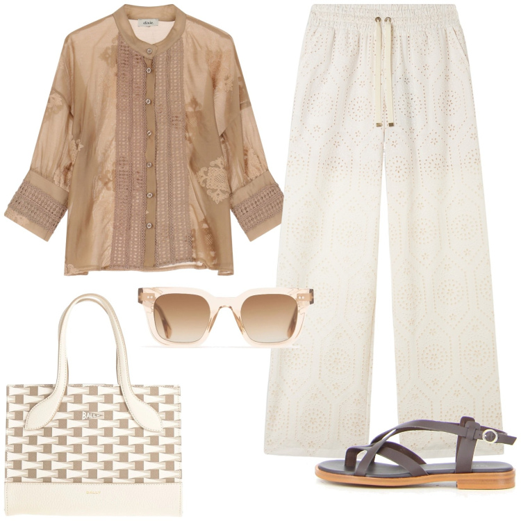Outfit donna - Comfy style. Stile Casual per Tutti i giorni. Abbinamento con borse a mano, pantaloni, camicie, sandali, occhiali da sole.