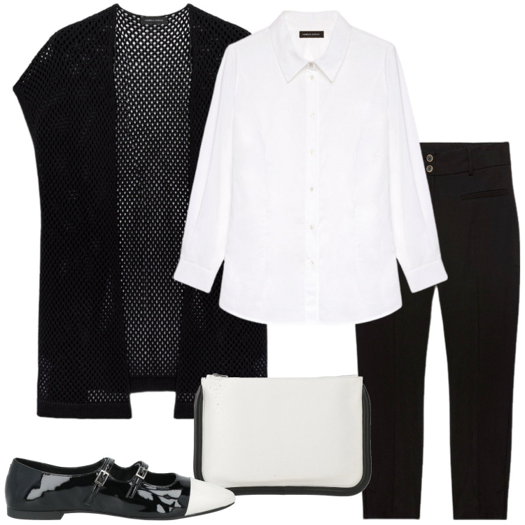 Outfit donna - Intramontabile camicia bianca. Stile Casual chic per Serata fuori. Abbinamento con ballerine, borse a mano, camicie, pantaloni, cardigans.