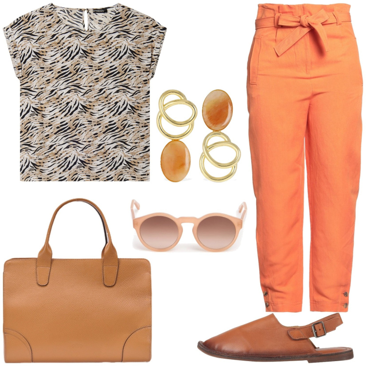Outfit donna - Look da giorno. Stile Casual per Tutti i giorni. Abbinamento con pantaloni, ballerine, t-shirt, occhiali da sole, orecchini, borse tote.