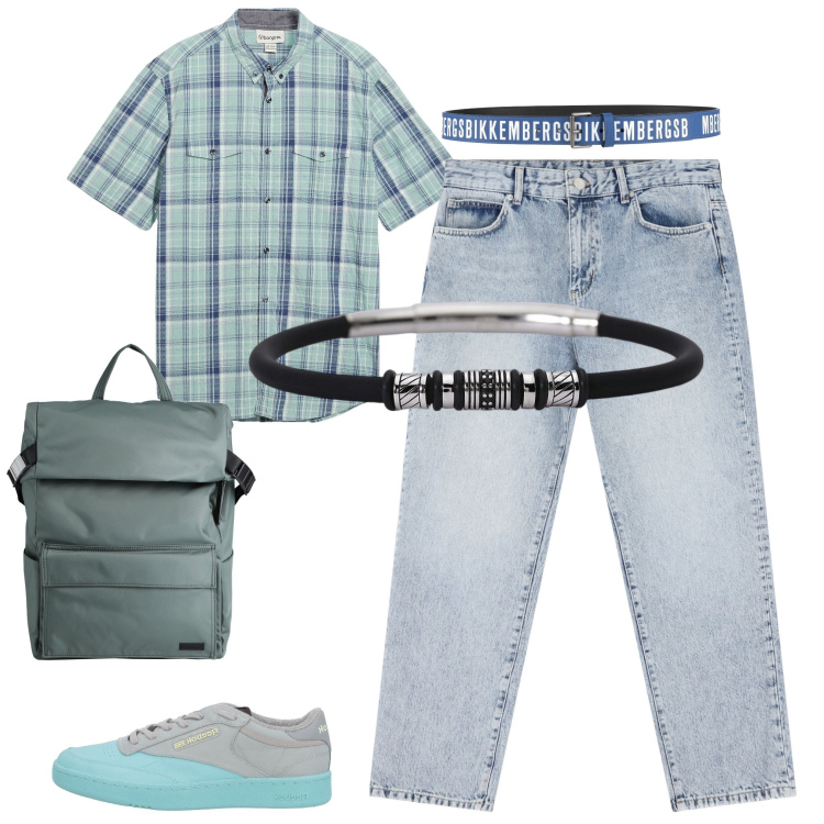 Outfit uomo - Total look #2169642. Abbinamento con camicie a manica corta, borse sportive, cinture, sneakers, braccialetti, jeans dritti.