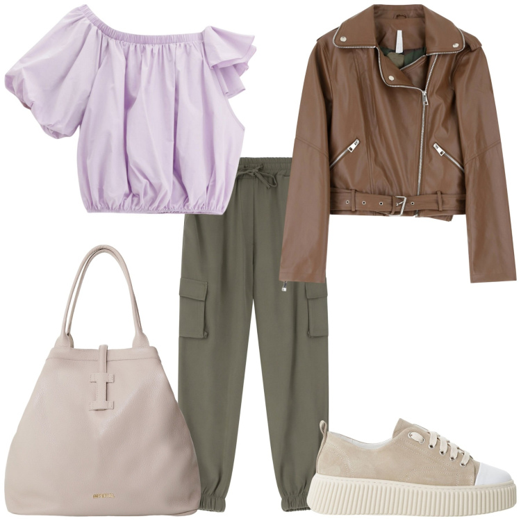 Outfit donna - Rosa/verde. Stile Casual per Tutti i giorni. Abbinamento con top, sneakers, giacche, pantaloni, borse tote.
