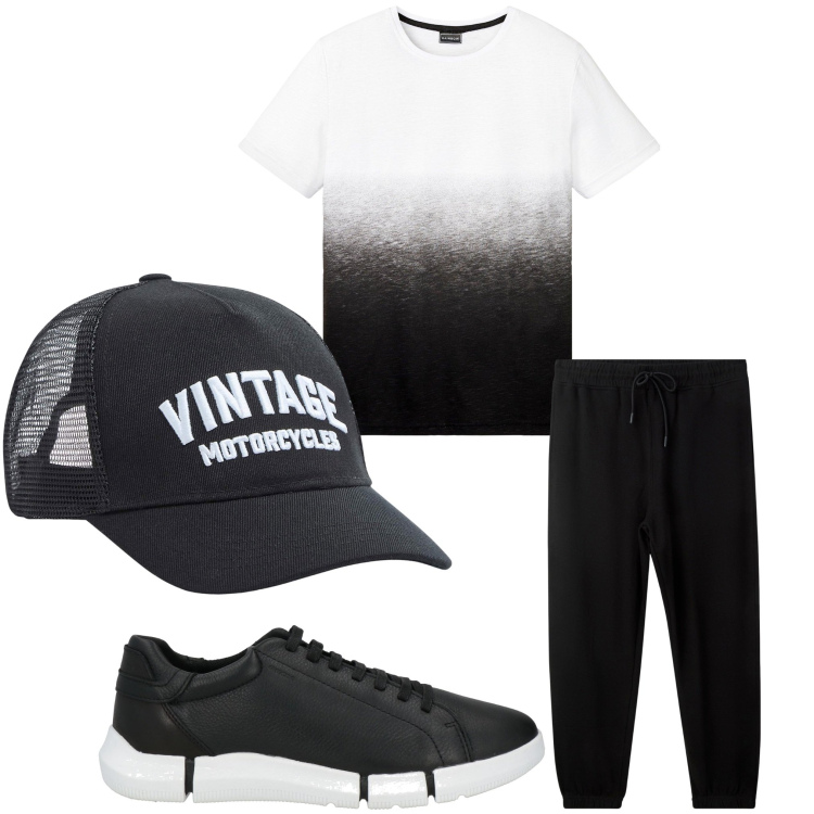 Outfit uomo - Sfumature. Stile Casual per Tutti i giorni. Abbinamento con t-shirt, sneakers, pantaloni, cappelli.