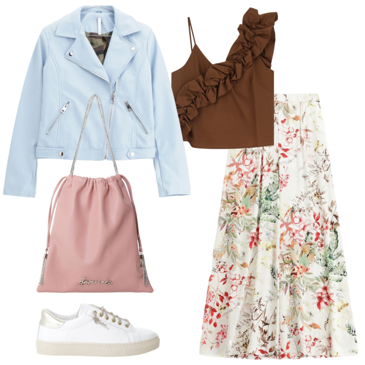 Outfit donna - Fiori e azzurro. Stile Casual per Tutti i giorni. Abbinamento con blazer, sneakers, borse a secchiello, top, pantaloni.
