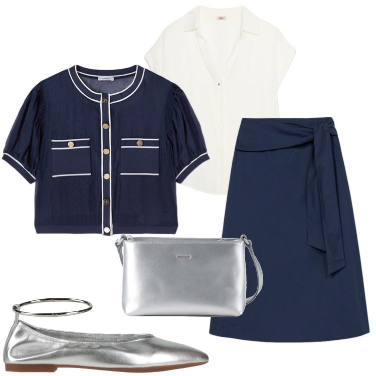Outfit donna - In ufficio. Stile Casual chic per Ufficio. Abbinamento con ballerine, borse a tracolla, camicie a manica corta, cardigans, gonne longuette.