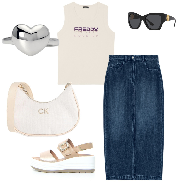 Outfit donna - Total look #2169663. Abbinamento con borse a tracolla, occhiali da sole, anelli, top sportivi, gonne longuette, sandali.