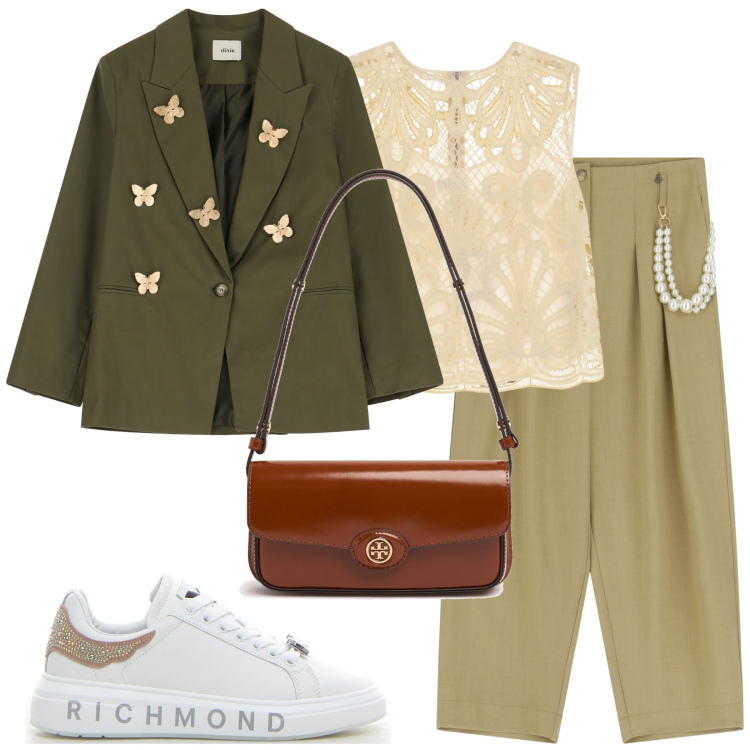 Outfit donna - Verde fantasia. Stile Casual per Tutti i giorni. Abbinamento con top, pantaloni, blazer, borse a spalla, sneakers.
