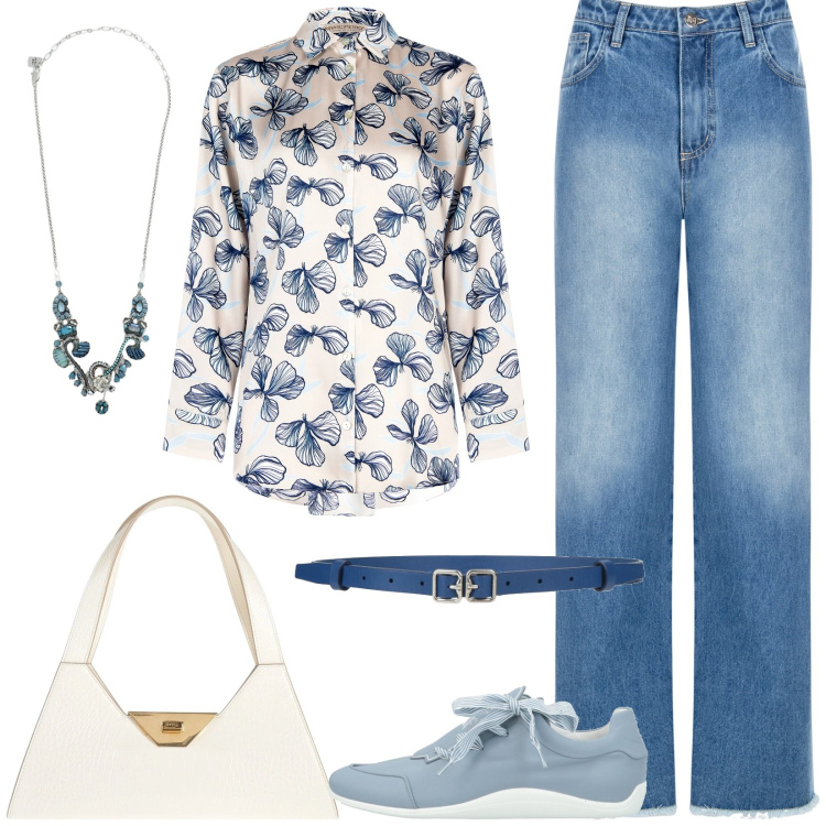 Outfit donna - I colori del cielo. Stile Casual chic per Tutti i giorni. Abbinamento con sneakers, collane, borse a mano, cinture, jeans dritti, camicie.