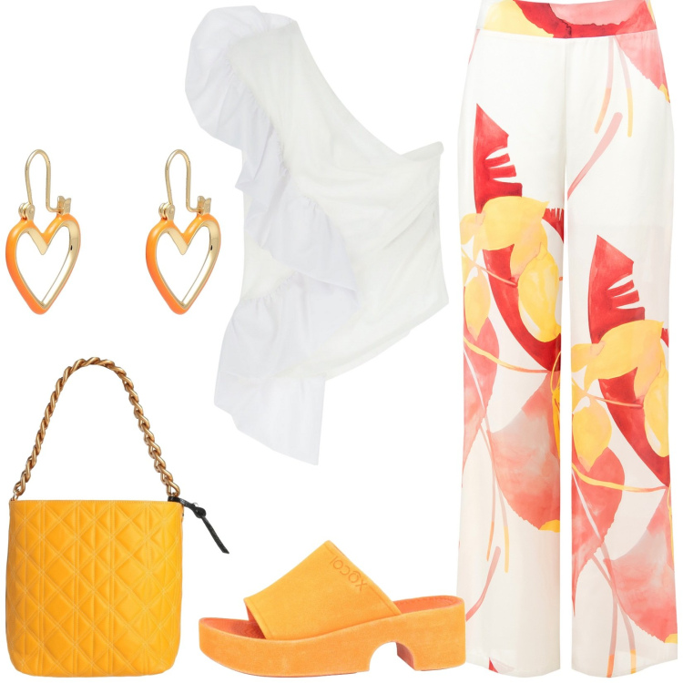 Outfit donna - Colori solari. Stile Glamour per Tutti i giorni. Abbinamento con borse a mano, orecchini, sandali col tacco, pantaloni, top.