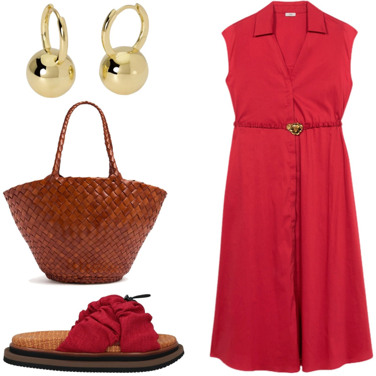 Outfit donna - Signora in rosso. Stile Casual chic per Tutti i giorni. Abbinamento con sandali, orecchini, vestiti chemisier, shopping bag.