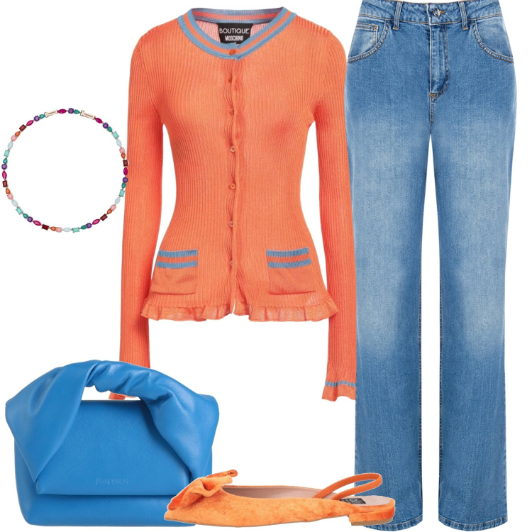 Outfit donna - Cardigan e jeans. Stile Casual chic per Tutti i giorni. Abbinamento con ballerine, cardigans, borse a mano, collane, jeans.