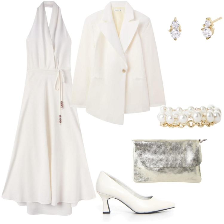 Outfit donna - Total white. Stile Chic per Cerimonia. Abbinamento con blazer, vestiti lunghi, orecchini, borse a tracolla, braccialetti, décolleté.