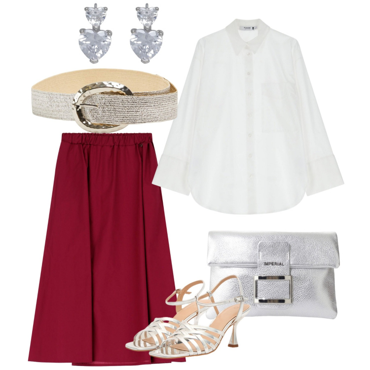Outfit donna - Cerimonia in camicia bianca. Stile Chic per Cerimonia. Abbinamento con orecchini, cinture, camicie, pochette, gonne longuette, sandali col tacco.