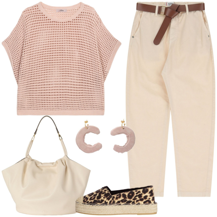 Outfit donna - Rosa e beige. Stile Casual chic per Tutti i giorni. Abbinamento con orecchini, espadrillas, pantaloni chino, maglieria, borse a secchiello.