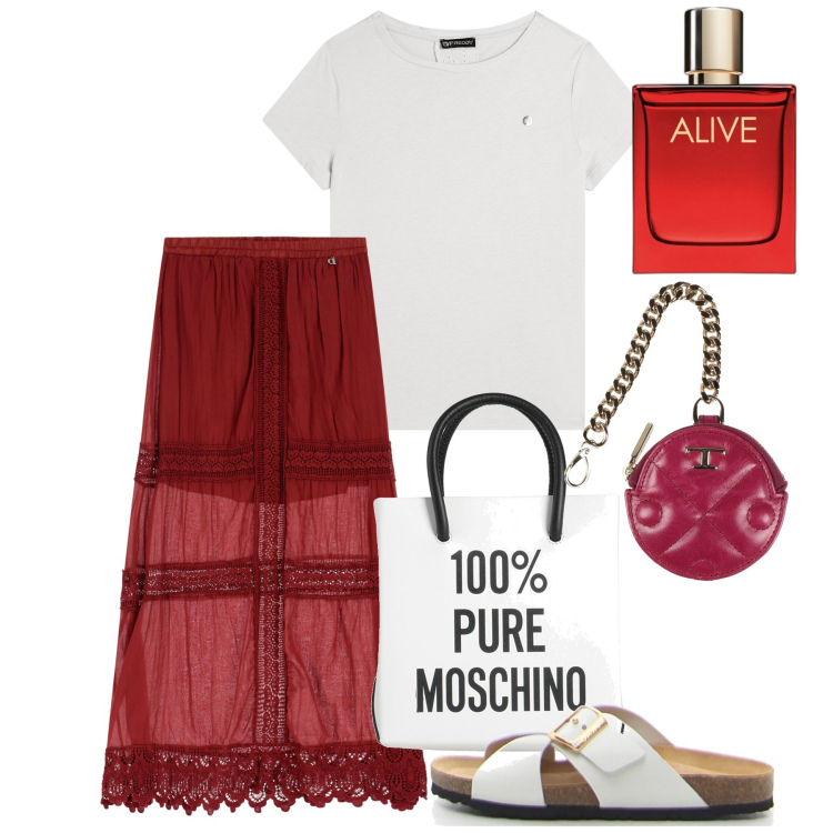 Outfit donna - Easy. Stile Casual per Tutti i giorni. Abbinamento con borse a mano, portamonete, profumi, t-shirt, gonne lunghe, ciabatte.