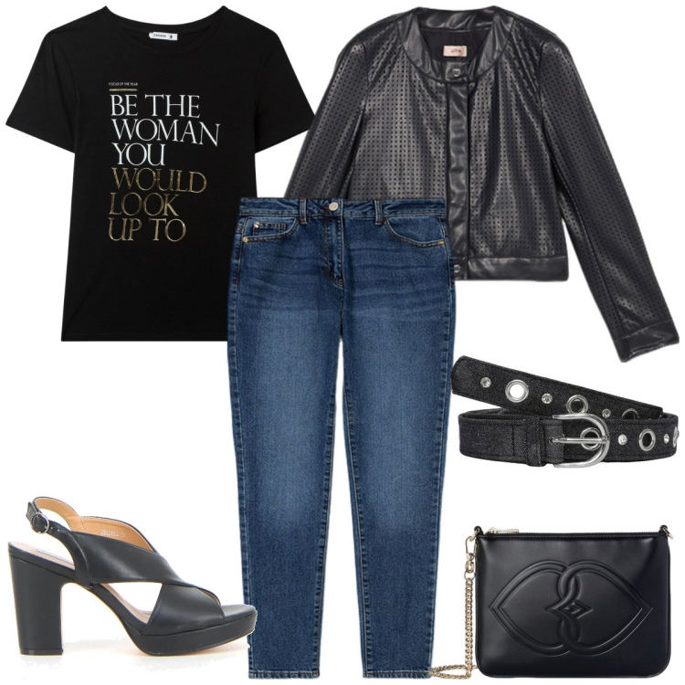 Outfit donna - Concerti rock, musica live a maggio. Stile Rock per Serata fuori. Abbinamento con t-shirt, cinture, pochette, giacche, jeans slim fit, sandali col tacco.