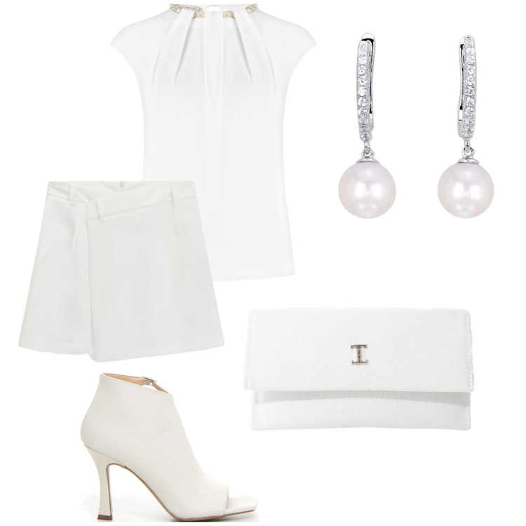 Outfit donna - Serata in bianco. Stile Chic per Serata fuori. Abbinamento con orecchini, bluse, borse a tracolla, minigonne, sandali col tacco.