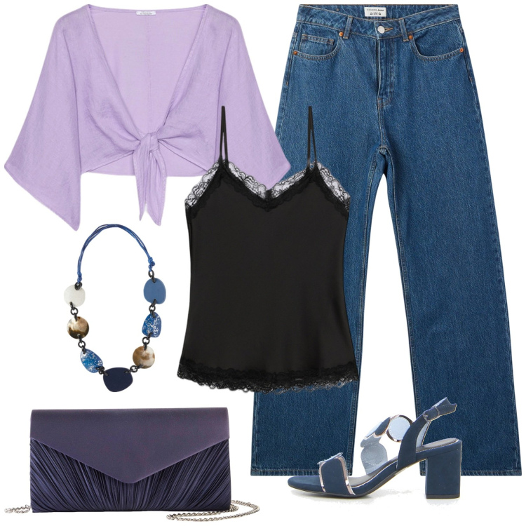 Outfit donna - Serata con le amiche. Stile Casual chic per Serata fuori. Abbinamento con pochette, jeans, bolero, collane, sandali col tacco, top.