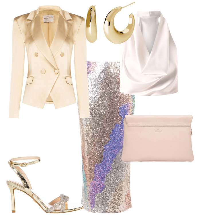 Outfit donna - Glamour. Stile Glamour per Serata fuori. Abbinamento con orecchini, gonne longuette, top, blazer, sandali col tacco, borse a tracolla.