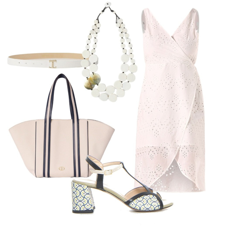 Outfit donna - Total white. Stile Casual chic per Tutti i giorni. Abbinamento con cinture, vestiti a tubino, sandali col tacco, ciondoli, shopping bag.