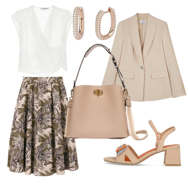 Outfit donna - Serata di primavera con la gonna a fiori. Stile Bon Ton per Serata fuori. Abbinamento con orecchini, maglieria, sandali col tacco, borse a secchiello, gonne longuette, blazer.