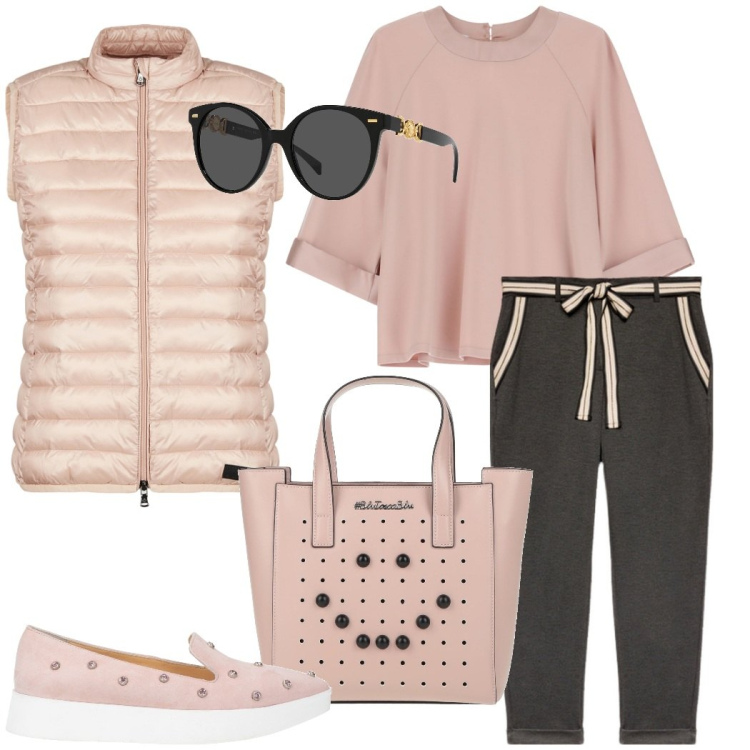 Outfit donna - Elegante comodità. Stile Casual chic per Tutti i giorni. Abbinamento con borse a mano, occhiali da sole, mocassini, felpe, piumini, pantaloni chino.