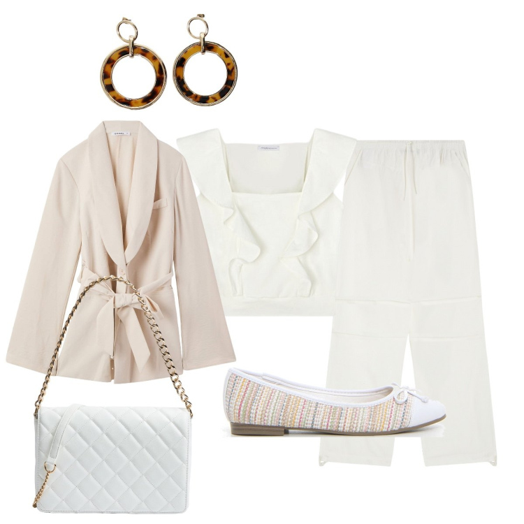 Outfit donna - In bianco chic. Stile Chic per Cerimonia. Abbinamento con blazer, borse a tracolla, pantaloni, orecchini, ballerine, top.