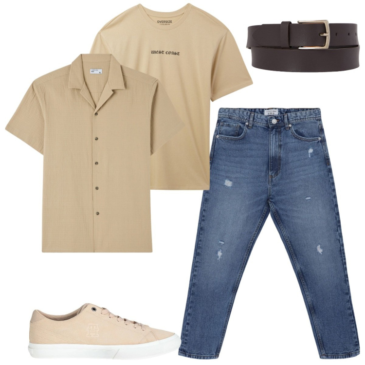 Outfit uomo - La camicia a maniche corte beige sabbia. Stile Casual per Tutti i giorni. Abbinamento con sneakers, camicie a manica corta, t-shirt, jeans strappati, cinture.