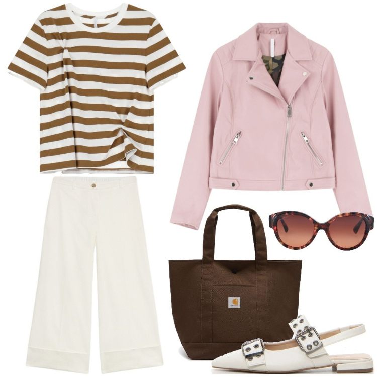 Outfit donna - Fragola, cioccolato e panna. Stile Casual chic per Tutti i giorni. Abbinamento con occhiali da sole, blazer, t-shirt, borse tote, pantaloni a palazzo, décolleté.