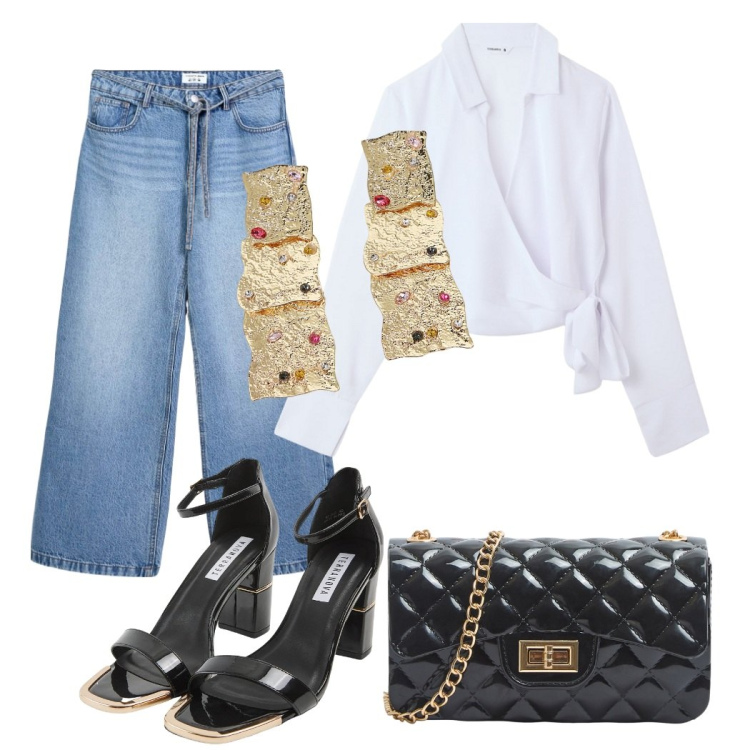 Outfit donna - Curvy - denim sofisticato. Stile Casual chic per Serata fuori. Abbinamento con camicie, jeans, borse a tracolla, sabot, orecchini.