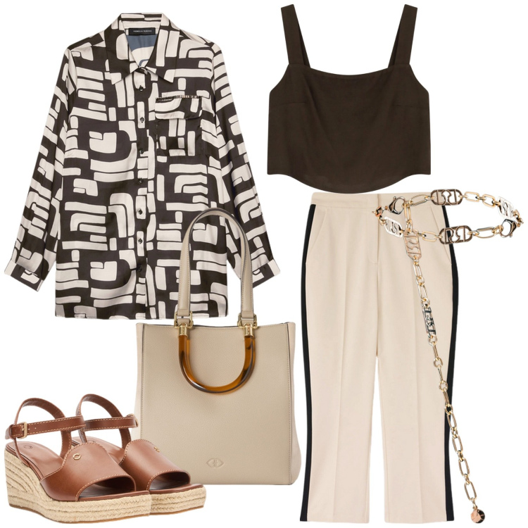 Outfit donna - Total look #2169725. Stile Casual per Serata fuori. Abbinamento con cinture, top, camicie, zeppe, pantaloni, shopping bag.