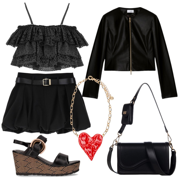 Outfit donna - Il top con le balze. Stile Rock per Serata fuori. Abbinamento con minigonne, top, pochette, sandali col tacco, ciondoli, blazer.