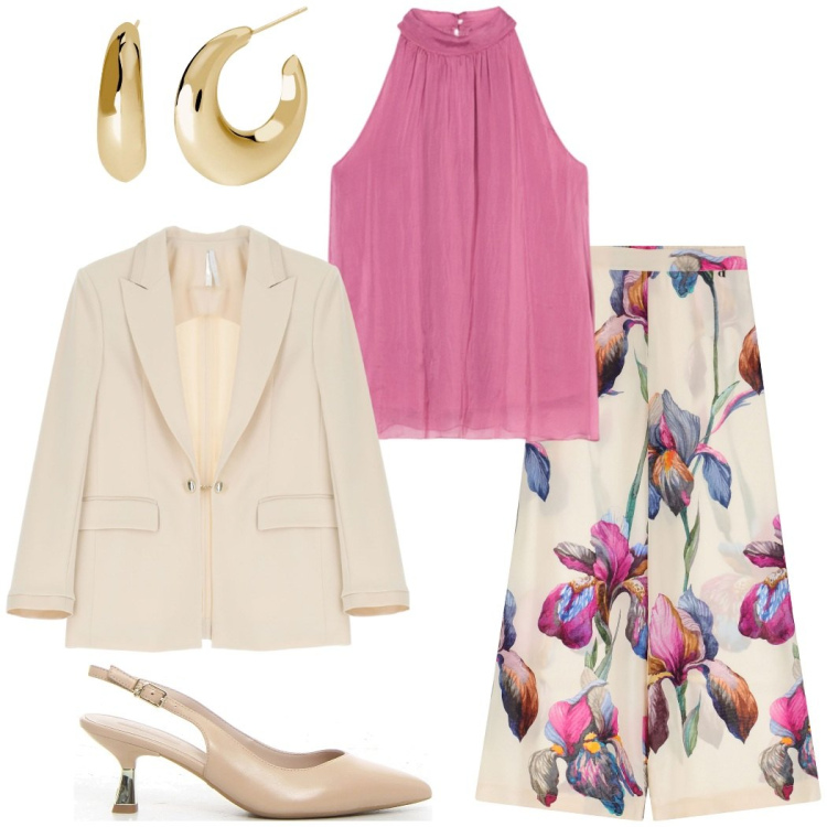 Outfit donna - Seta rosa. Stile Chic per Serata fuori. Abbinamento con orecchini, blazer, pantaloni, décolleté, top.