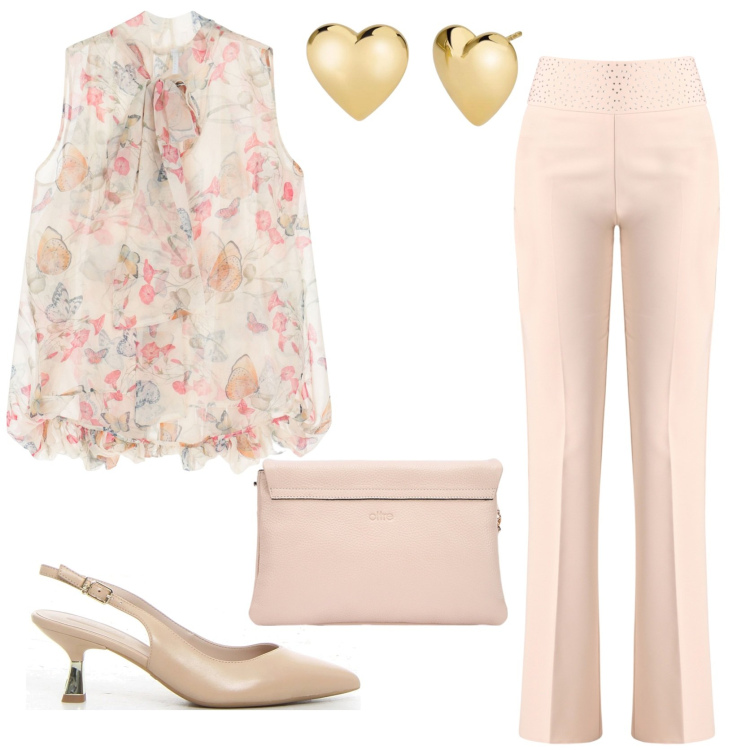 Outfit donna - Serata romantica. Stile Chic per Serata fuori. Abbinamento con orecchini, pantaloni, camicie, décolleté, borse a tracolla.
