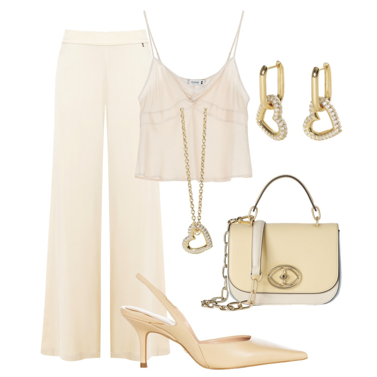 Outfit donna - Tramonto color champagne. Stile Chic per Serata fuori. Abbinamento con collane, orecchini, pantaloni a palazzo, décolleté, top, borse a tracolla.