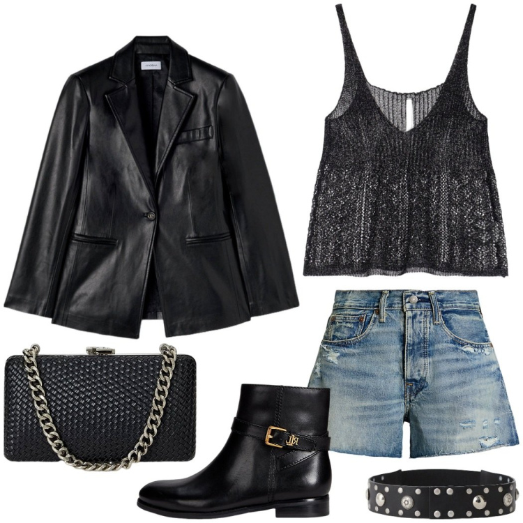 Outfit donna - Concerto live. Stile Rock per Serata fuori. Abbinamento con top, cinture, clutch, stivaletti, shorts, blazer.