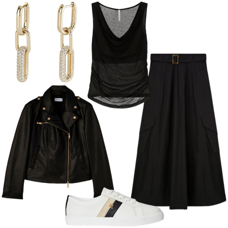 Outfit donna - Concerto live. Stile Urban per Serata fuori. Abbinamento con orecchini, top, sneakers, gonne, blazer.