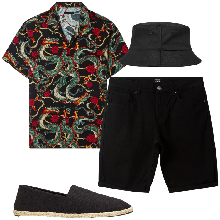 Outfit uomo - Total look #2169757. Stile Trendy per Serata speciale. Abbinamento con espadrillas, cappelli, bermuda, camicie a manica corta.