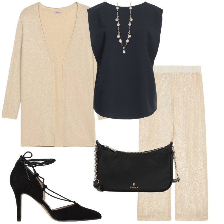 Outfit donna - Serata evento. Stile Casual chic per Serata fuori. Abbinamento con borse a tracolla, décolleté, top, collane, pantaloni, cardigans.