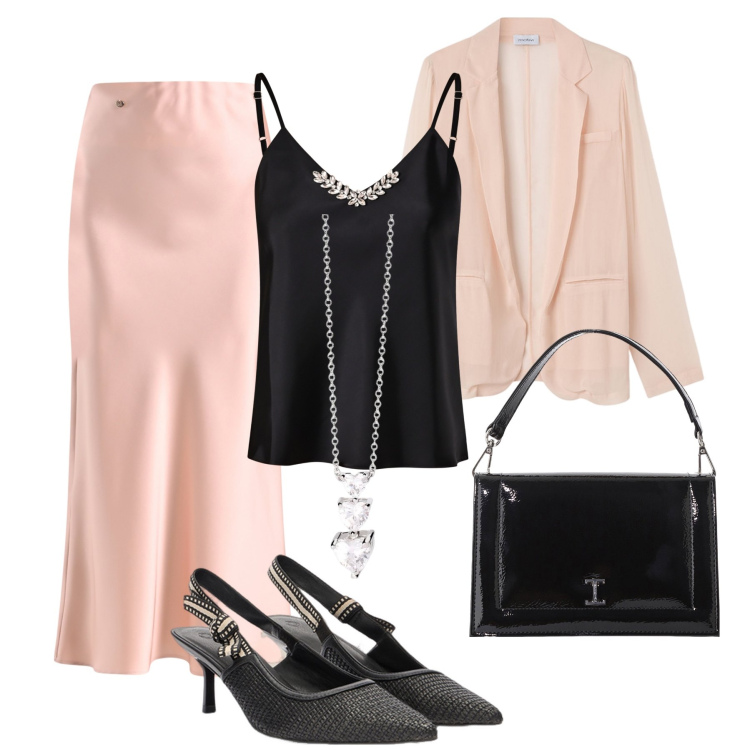 Outfit donna - Morbido tramonto di maggio. Stile Chic per Serata fuori. Abbinamento con collane, canottiere, gonne, borse a tracolla, décolleté, blazer.