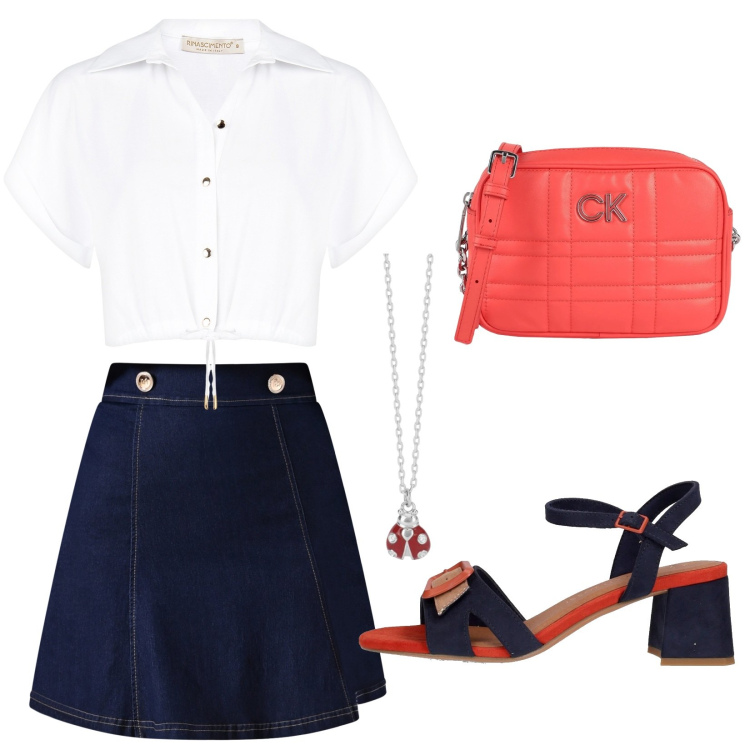 Outfit donna - Sportiva con stile. Stile Casual chic per Tutti i giorni. Abbinamento con borse a tracolla, collane, minigonne, camicie a manica corta, sandali col tacco.